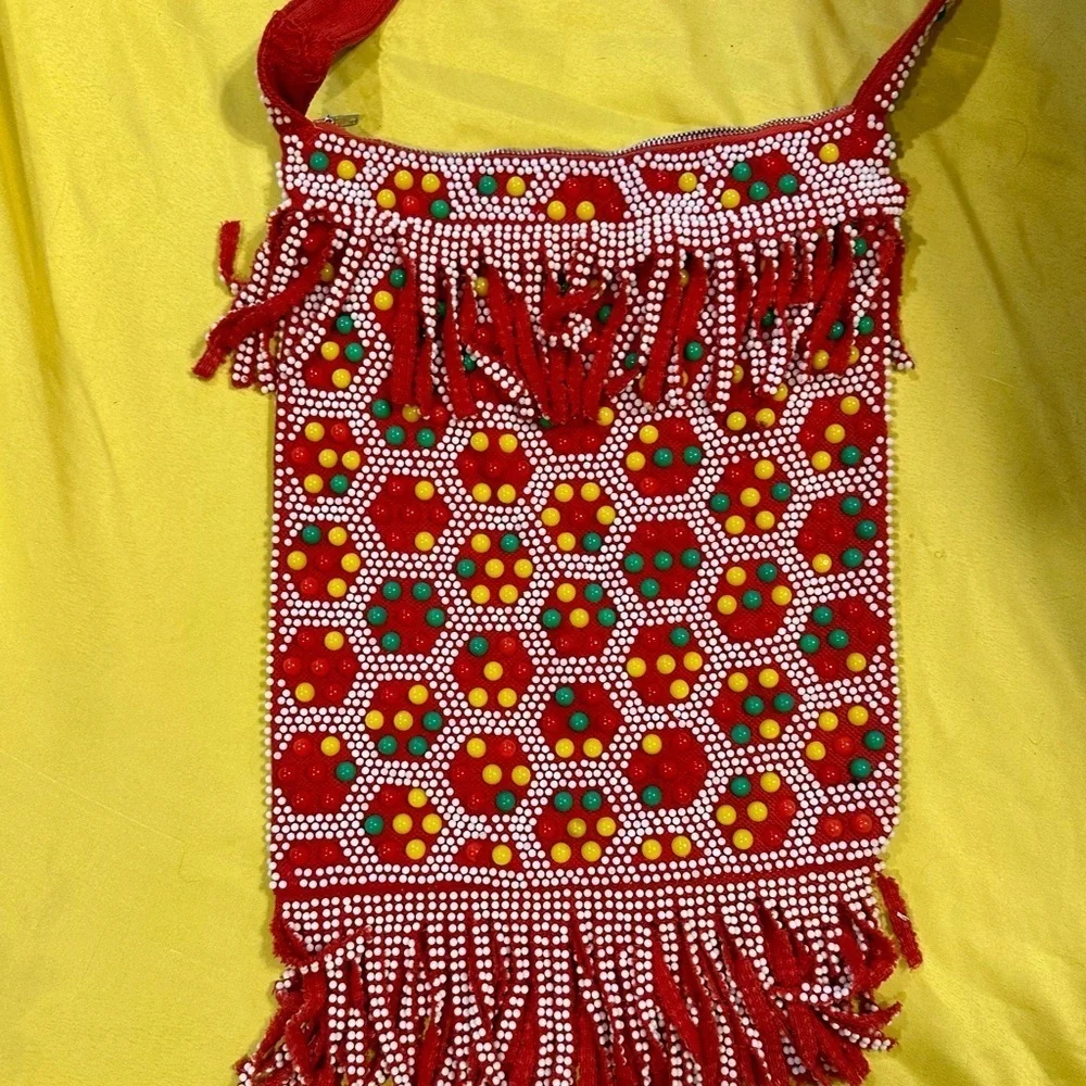 Vintage Beaded Fringe Shoulder Bag Crossbody Red Boho Ethnic Festival Purse HK